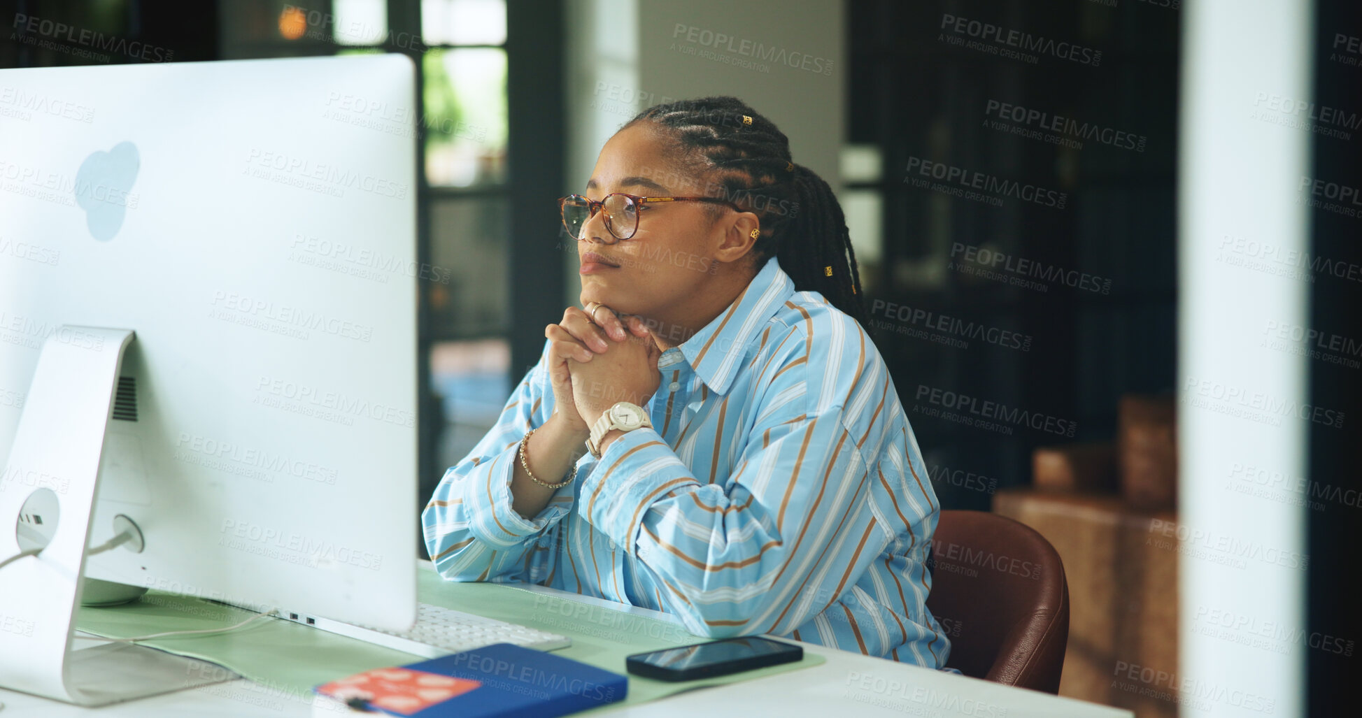 Buy stock photo Freelancer, computer and planning of black woman in home office for web designer, research and reading. Blog developer, remote worker and homepage portfolio with person thinking for online project