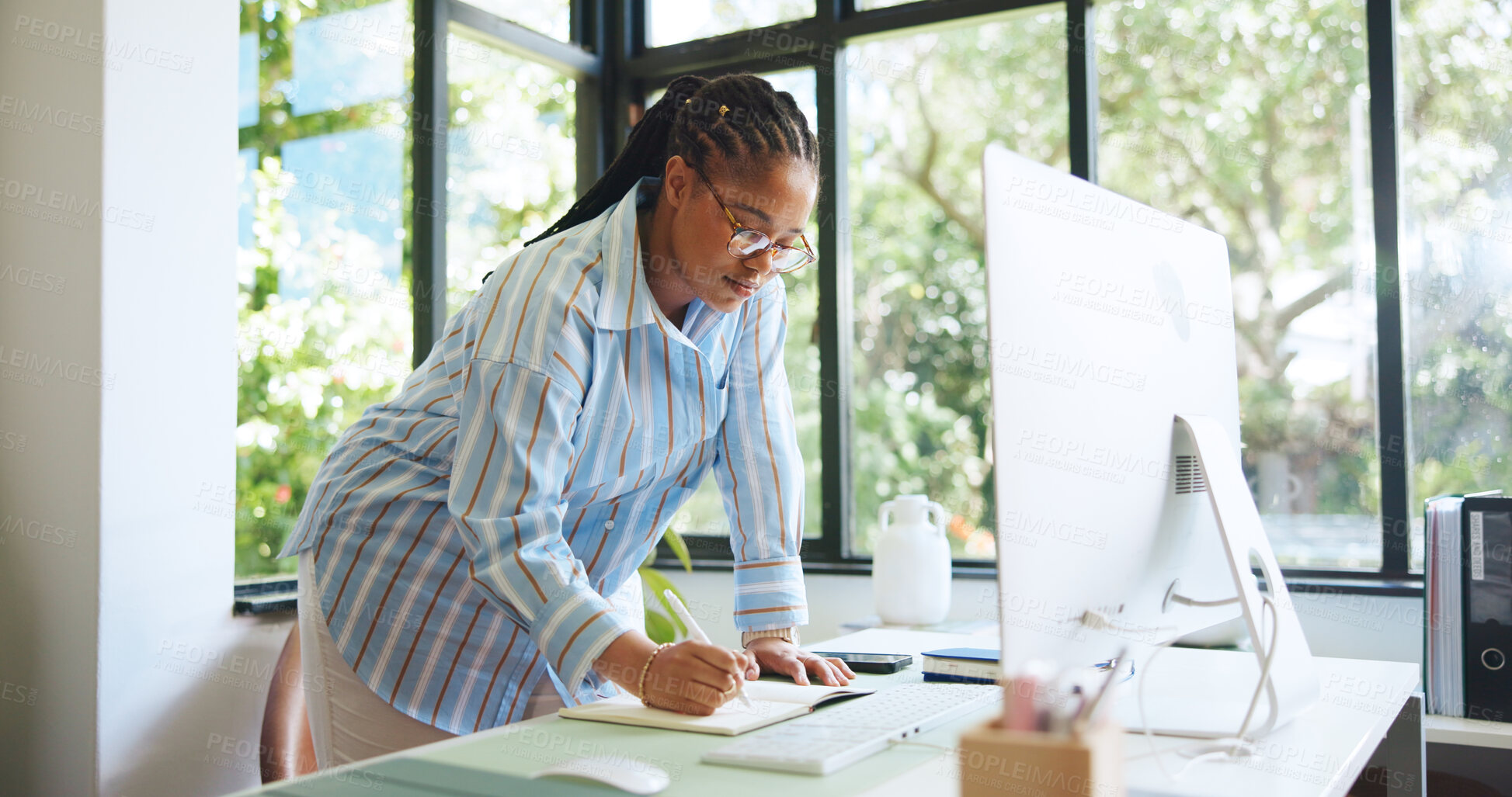 Buy stock photo Freelancer, computer and writing with black woman in home office for web designer, research and notebook. Blog developer, remote worker and homepage portfolio with person in house for online project