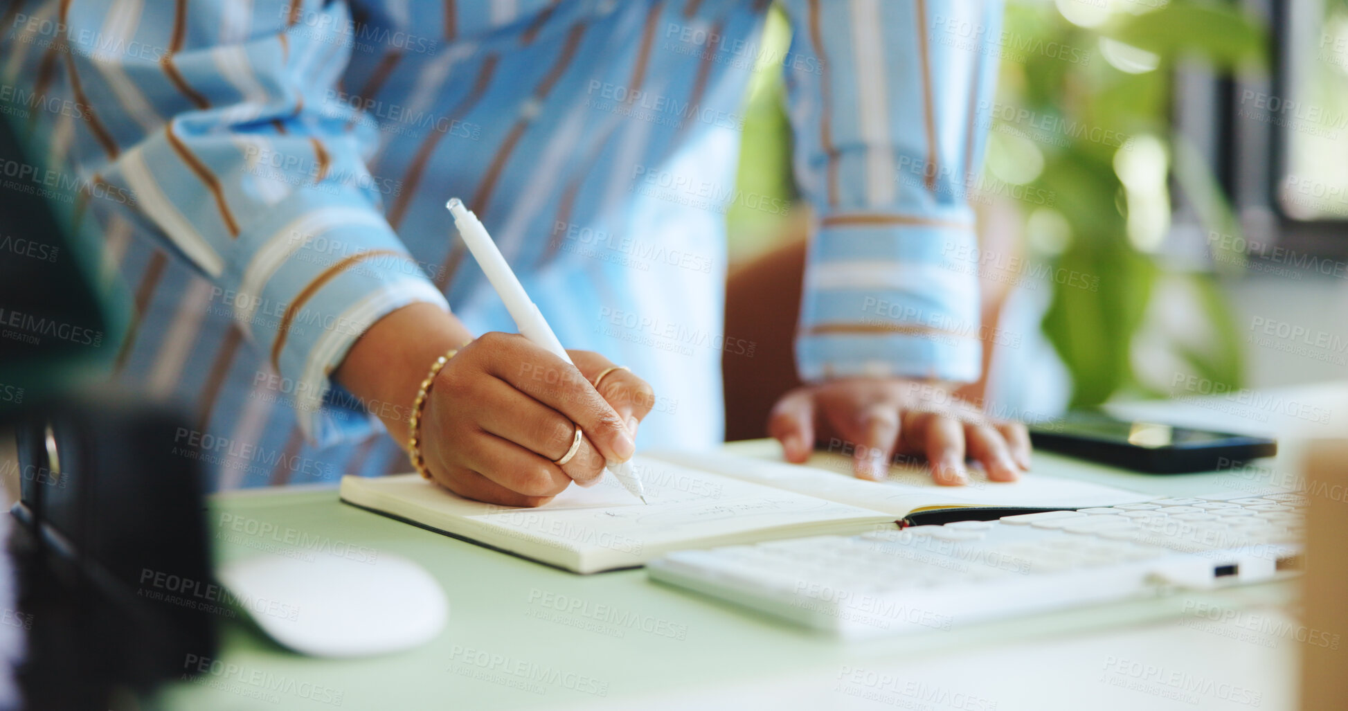 Buy stock photo Notebook, writing and hands of woman in office for research, blog to do list and journalist reminder. Planning, brainstorming and article planner with person in agency for update, agenda and report