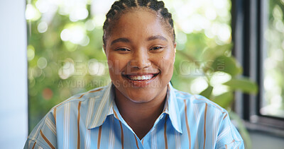 Buy stock photo Business, portrait and black woman in office, smile and event planner with confidence. African person, startup owner and happy entrepreneur with career ambition, creative coordinator and PR agency