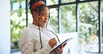 Buy stock photo Research, stylus and tablet with black woman in home office for freelancer, blog to do list and journalist reminder. Planning, remote worker and online story with person in apartment for report