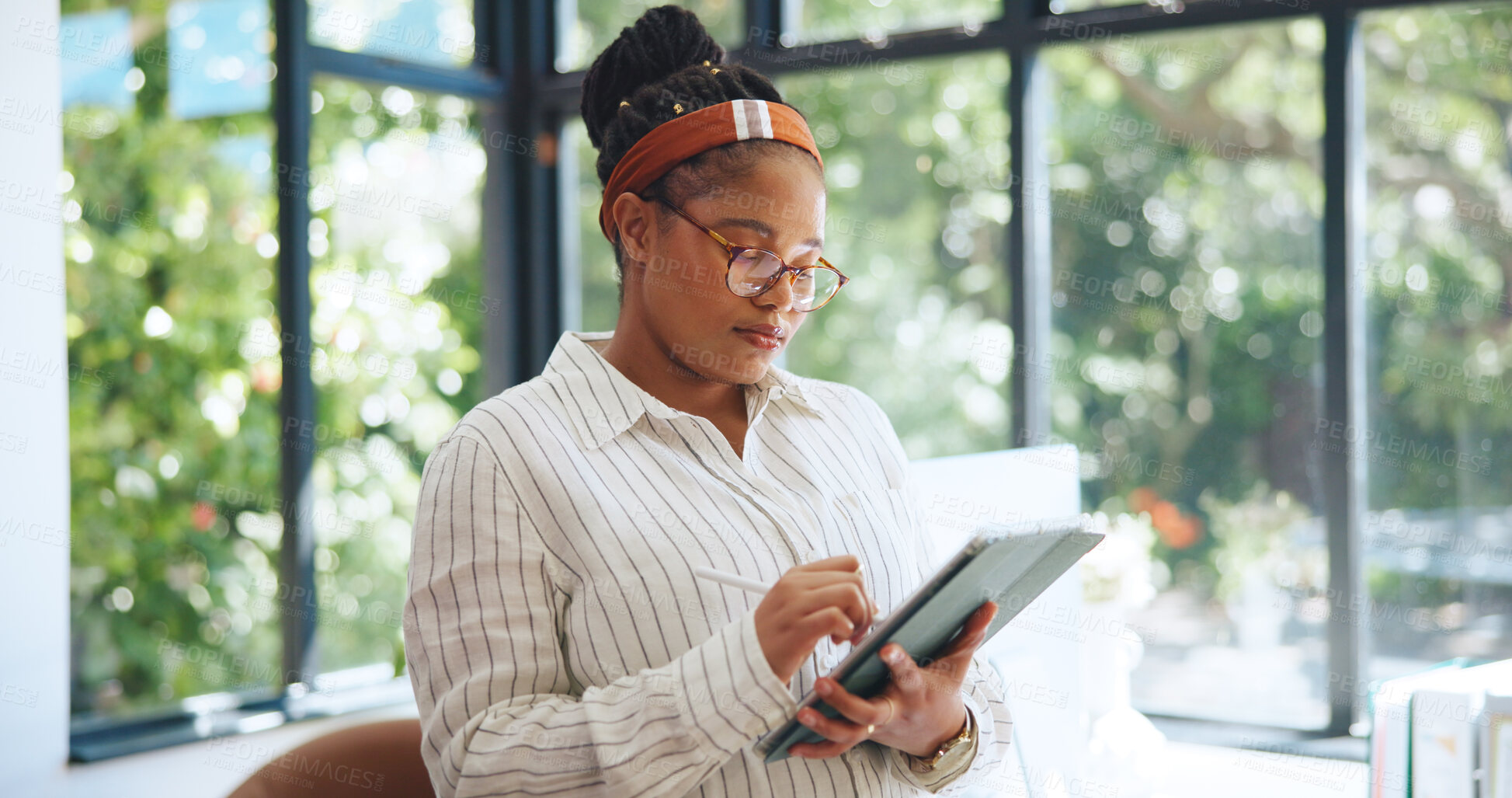 Buy stock photo Freelancer, tablet and stylus with black woman in home office for web designer, research and planning. Blog developer, remote worker and homepage portfolio with person in apartment for online project
