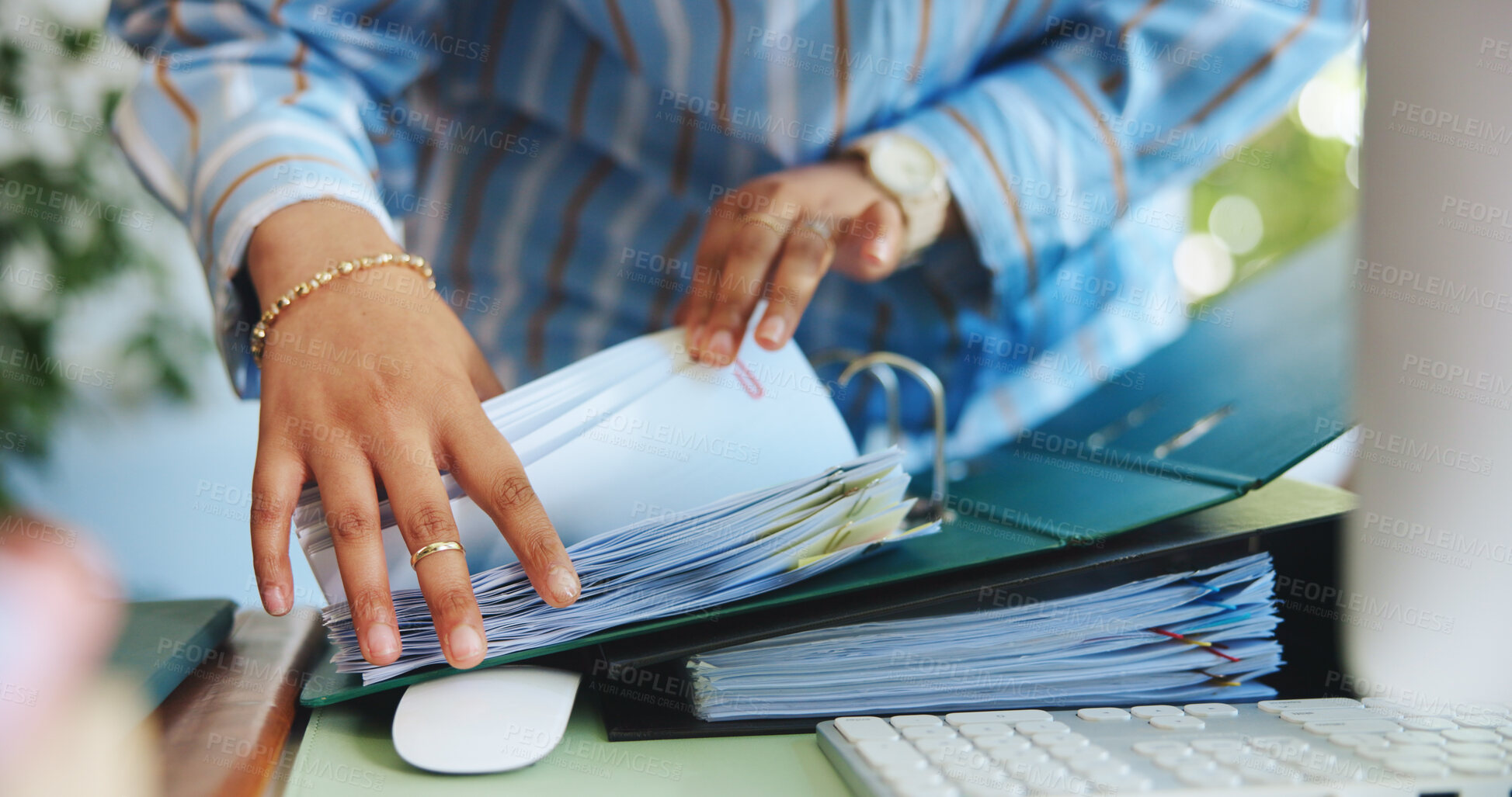 Buy stock photo Personal assistant, hands or search for document in binder, meeting report or travel arrangement form. Booking receipt, admin files or person with find paper for event organization, archive or info