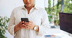 Typing, hands or woman in office with phone, news update or online communication on social media. Digital, bokeh or employee in agency with tech, internet browse and connection on email app.