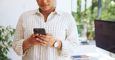 Buy stock photo Typing, hands or woman in office with phone, news update or online communication on social media. Digital, bokeh or employee in agency with tech, internet browse and connection on email app.