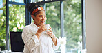 Coffee, happy and black woman in home thinking for calm, wellness and relax for remote work. Freelancer, house and person with drink, caffeine and beverage for reflection, inspiration and start day