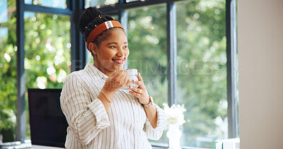 Buy stock photo Coffee, happy and black woman in home thinking for calm, wellness and relax for remote work. Freelancer, house and person with drink, caffeine and beverage for reflection, inspiration and start day