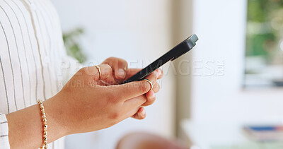 Buy stock photo Typing, hands or person in office with phone, news update or online communication on social media. Digital, texting or employee in agency with tech, internet browse and connection on email app.