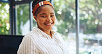 Portrait, creative and African woman in office for career pride, about us and news reporter. Happy, female journalist and confident with job ambition, magazine editor and publication opportunity