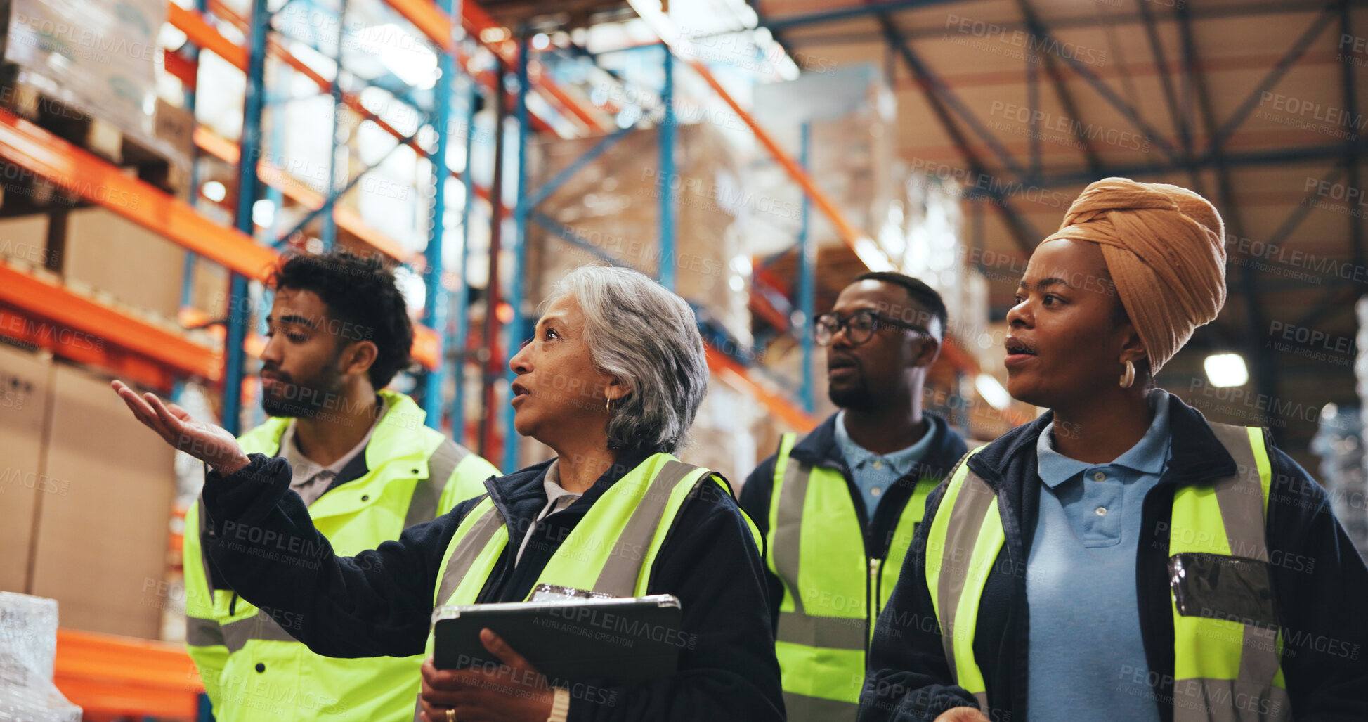 Buy stock photo Supply chain, tablet and people in warehouse, talking and quality control with inventory management. Group, men and women in factory, tech or conversation with distribution, logistics or coordination