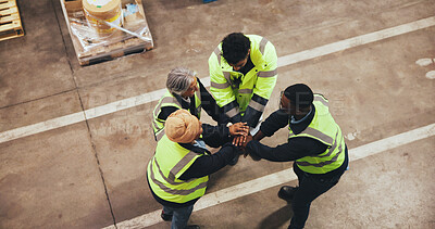 Buy stock photo Hands, stack and group in warehouse, logistics and celebration for supply chain, teamwork and unity. Factory, above and people with gesture for success, shipping and support for distribution of goods