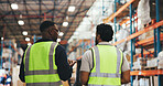 Shipping, talking and back of men in warehouse for inspection, supply chain and planning. Factory, distribution and people in meeting for logistics, manufacturing and quality assurance of inventory