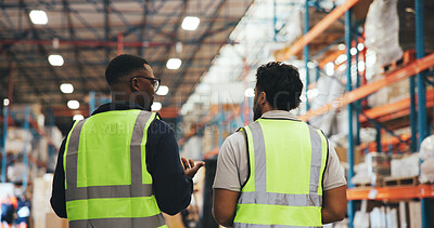 Buy stock photo Shipping, talking and back of men in warehouse for inspection, supply chain and planning. Factory, distribution and people in meeting for logistics, manufacturing and quality assurance of inventory