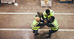 Hands, stack and teamwork in warehouse, logistics and celebration for supply chain, group and space. Factory, above and people with gesture for success, shipping and support for distribution of goods