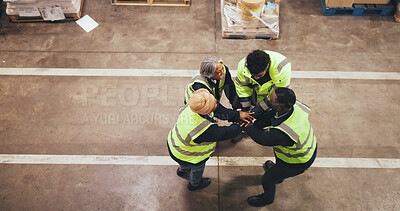 Buy stock photo Hands, stack and teamwork in warehouse, logistics and celebration for supply chain, group and space. Factory, above and people with gesture for success, shipping and support for distribution of goods