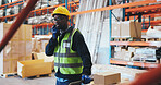 Logistics, radio and trolley with black man in storage depot with distribution or shipping. Communication, boxes and stock with African employee in supply chain plant for import or export delivery