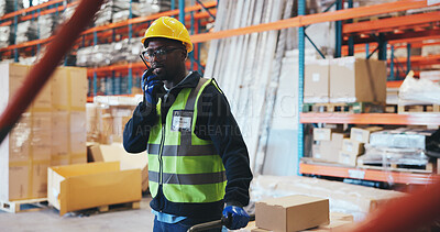 Buy stock photo Logistics, radio and trolley with black man in storage depot with distribution or shipping. Communication, boxes and stock with African employee in supply chain plant for import or export delivery