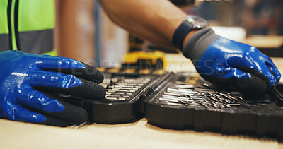Buy stock photo Drill bit, choice and tool box with hands in warehouse for logistics, packaging technician or ecommerce. Engineer, equipment and crate assembly with contractor employee in factory for maintenance