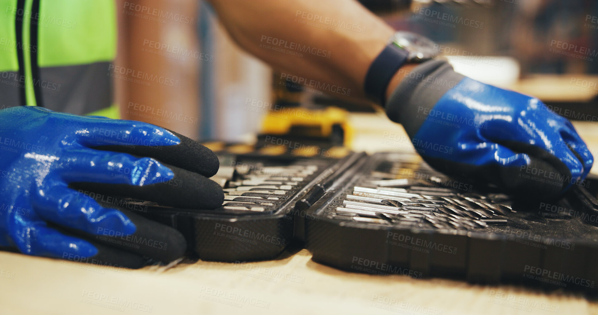 Buy stock photo Drill bit, choice and tool box with hands in warehouse for logistics, packaging technician or ecommerce. Engineer, equipment and crate assembly with contractor employee in factory for maintenance