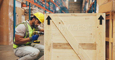 Buy stock photo Box, drill and logistics with man in warehouse for preparation of package for safe delivery. Commercial, power tools and supply chain with person in distribution depot for export or import shipping