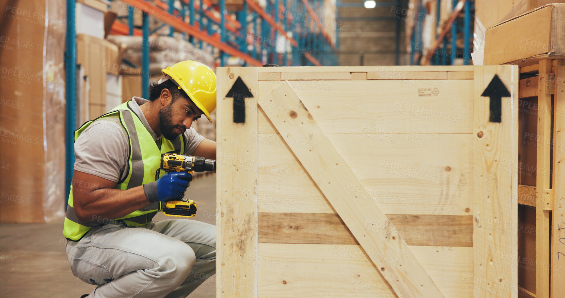 Buy stock photo Box, drill and logistics with man in warehouse for preparation of package for safe delivery. Commercial, power tools and supply chain with person in distribution depot for export or import shipping