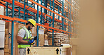 Logistics, crate or man with drill in warehouse for box assembly, safety compliance or space. Shipping, package technician or power tool in factory for packaging design, supply chain or cargo freight