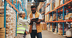 Shipping, talking and people on tablet in warehouse for inspection, supply chain and planning. Tech, distribution and man with manager in meeting for logistics, manufacturing and online inventory