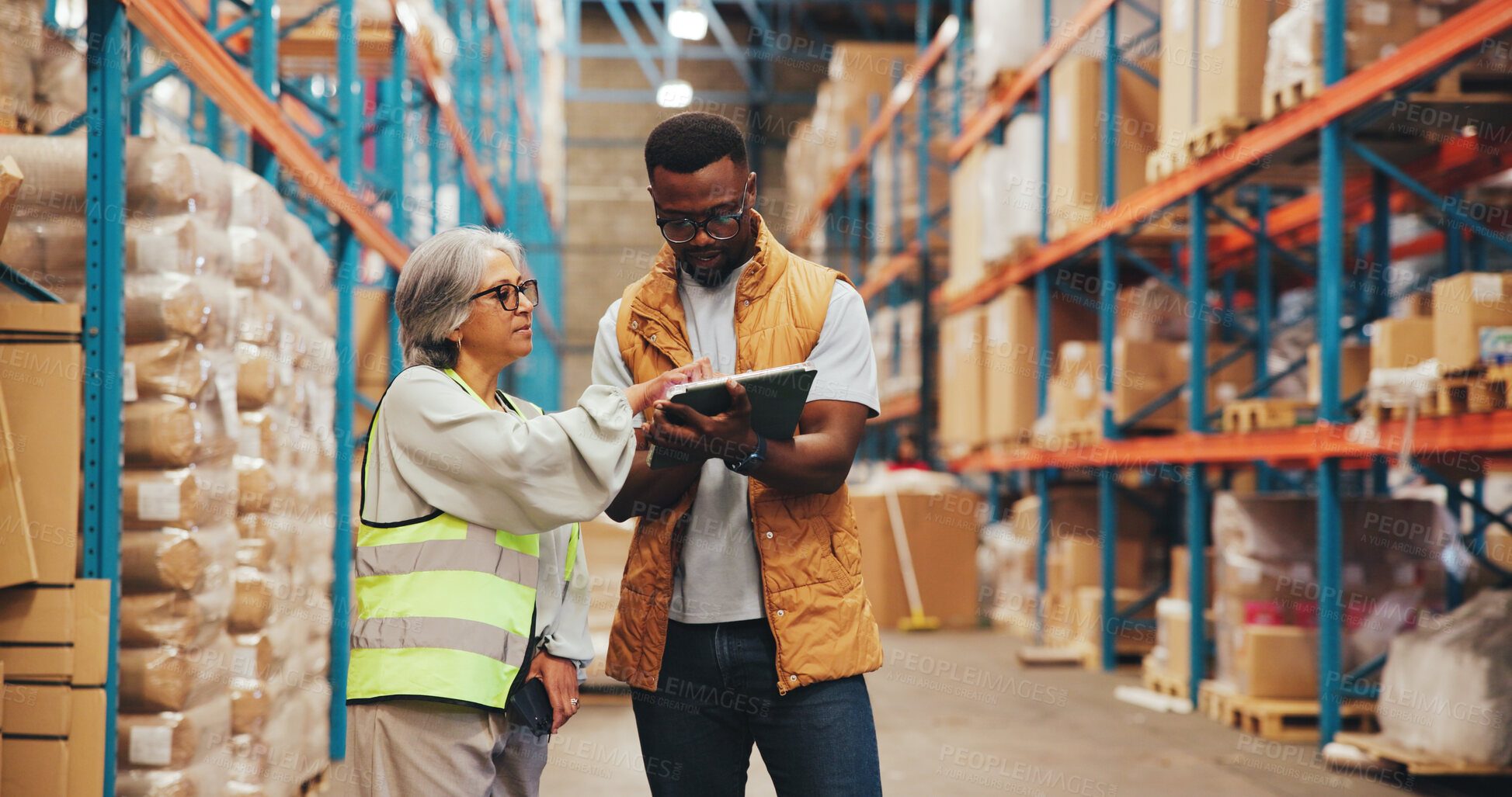 Buy stock photo Shipping, talking and people on tablet in warehouse for inspection, supply chain and planning. Tech, distribution and man with manager in meeting for logistics, manufacturing and online inventory