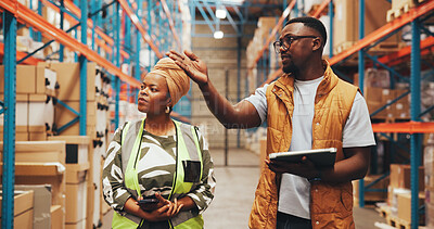 Buy stock photo Distribution, tablet and people in warehouse, talking and quality control with inventory management. Coordination, man and woman in factory, tech or conversation with logistics, advice and inspection