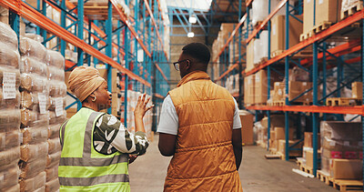 Buy stock photo Shipping, talking and back of people in warehouse for inspection, supply chain and planning. Factory, distribution and workers in meeting for logistics, production and quality assurance of inventory