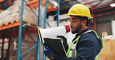 Buy stock photo Man, announcement and megaphone with tablet in warehouse for inventory management or maintenance. Person, speaker and bullhorn with digital tech for shipping alert, communication or storage in depot