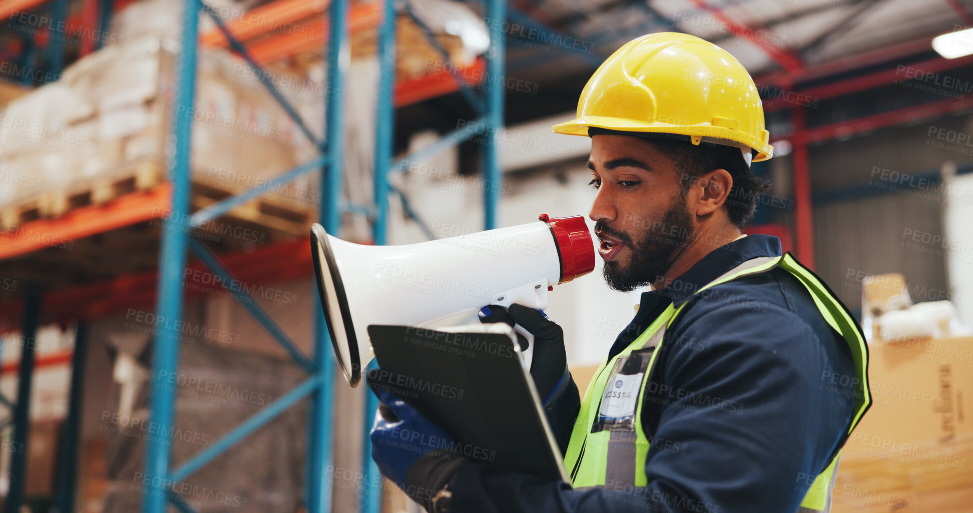 Buy stock photo Man, announcement and megaphone with tablet in warehouse for inventory management or maintenance. Person, speaker and bullhorn with digital tech for shipping alert, communication or storage in depot
