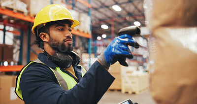 Buy stock photo Man, tech and scanner with inventory in warehouse for price check, storage or distribution. Male person, employee and checklist with technology, barcode or inspection for quality assurance in depot