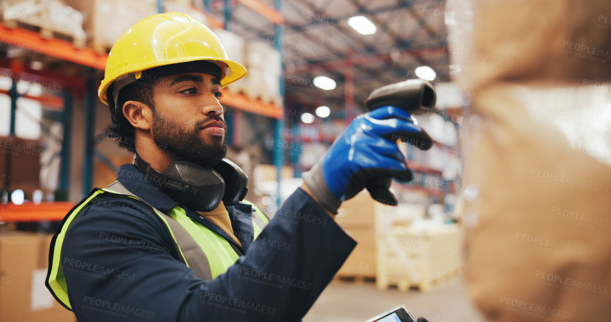 Buy stock photo Man, tech and scanner with inventory in warehouse for price check, storage or distribution. Male person, employee and checklist with technology, barcode or inspection for quality assurance in depot