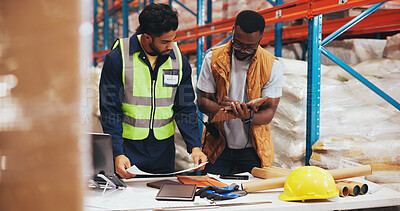 Buy stock photo Business people, laptop and notebook in warehouse for logistics, meeting for supply chain collaboration. Import team, tech and documents in storage facility for export, delivery service or supplier