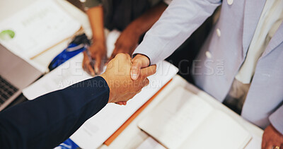 Buy stock photo Above, handshake and people with agreement, meeting and documents with distribution deal. Closeup, shaking hands and employees in workplace, b2b proposal and contract for partnership and thank you