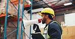 Man, manager and megaphone with tablet in warehouse for inventory management or maintenance. Person, speaker and bullhorn with digital tech for shipping alert, communication or storage in depot