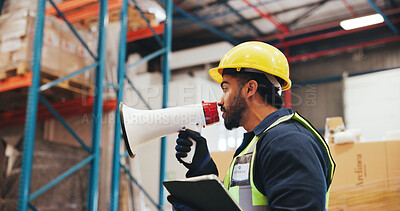 Buy stock photo Man, manager and megaphone with tablet in warehouse for inventory management or maintenance. Person, speaker and bullhorn with digital tech for shipping alert, communication or storage in depot