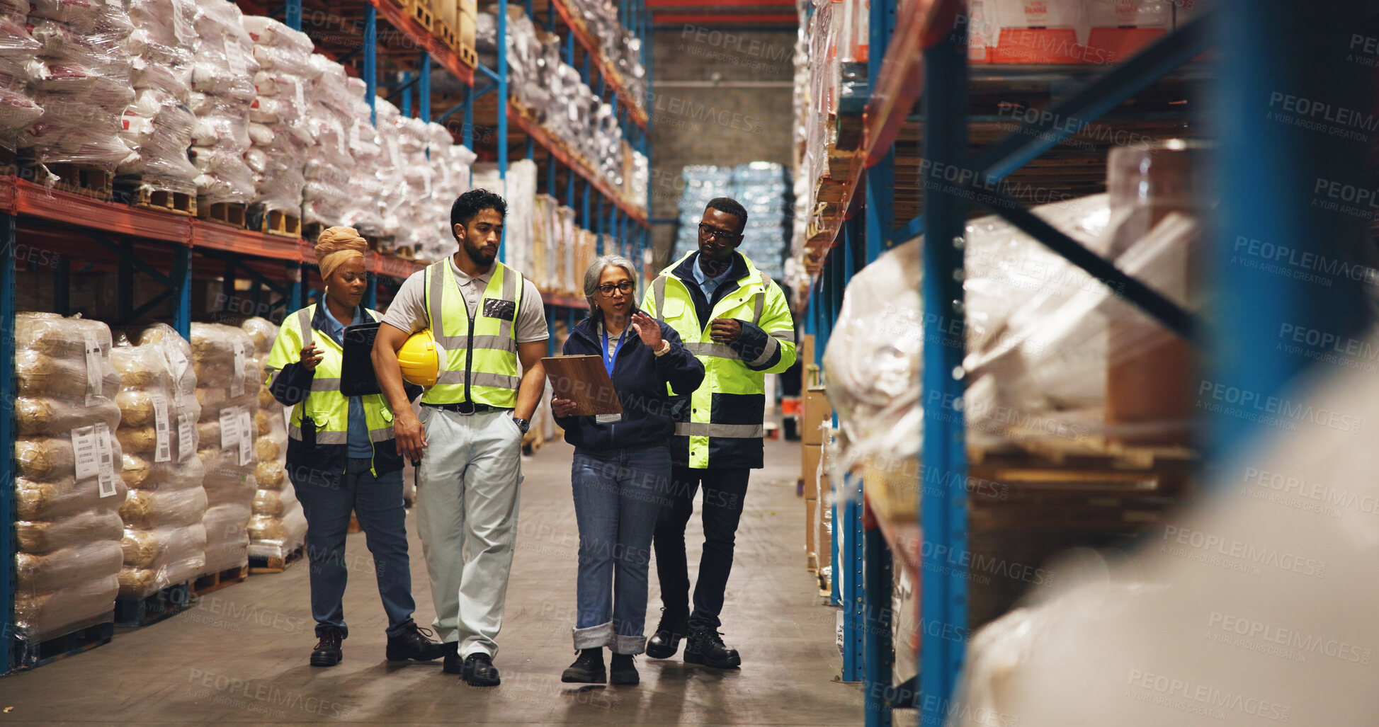 Buy stock photo Planning, team and logistics with people in warehouse for shipping partner, supply chain and quality control. Export, inventory manager and ecommerce supplier with employees in factory for freight