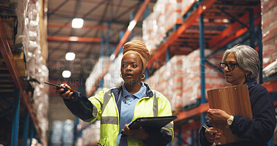 Buy stock photo Talking, team and logistics with people in warehouse for shipping partner, supply chain and quality control. Export, inventory manager and ecommerce supplier with employees in factory for freight