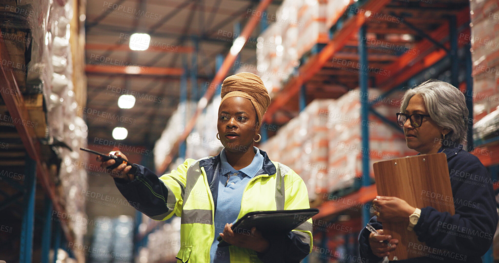 Buy stock photo Talking, team and logistics with people in warehouse for shipping partner, supply chain and quality control. Export, inventory manager and ecommerce supplier with employees in factory for freight