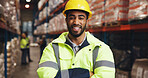 Portrait, man and arms crossed for distribution in warehouse with career pride, supply chain and freight. Male person, happy and about us for storage inspection, quality control  and logistics safety