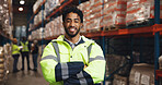 Portrait, man and arms crossed for logistics in warehouse with career pride, supply chain and freight. Male person, happy and about us for storage inspection, quality control  and distribution safety