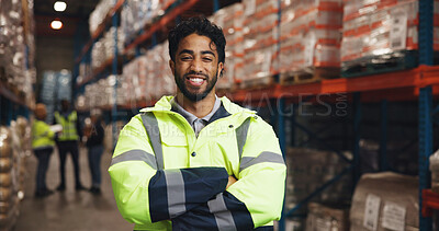 Buy stock photo Portrait, man and arms crossed for logistics in warehouse with career pride, supply chain and freight. Male person, happy and about us for storage inspection, quality control  and distribution safety