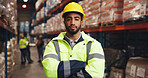 Portrait, man and arms crossed for inventory in warehouse with career pride, supply chain and freight. Male person, confident and about us for storage inspection, quality control and logistics safety