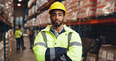 Buy stock photo Portrait, man and arms crossed for inventory in warehouse with career pride, supply chain and freight. Male person, confident and about us for storage inspection, quality control and logistics safety