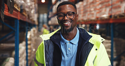 Buy stock photo Portrait, black man and smile for logistics in warehouse with career pride, transport stock and freight. Male person, happy and about us for storage inspection, supply chain and distribution industry