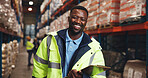 Portrait, black man and clipboard for logistics in warehouse with career pride, quality assurance and freight. Male person, about us and checklist for cargo shipping, supply chain and distribution