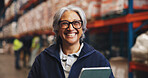 Supply chain, tablet or happy woman in warehouse, portrait or email for shipping schedule. Mature person, smile or employee in factory, logistics or distribution with digital app for stock management