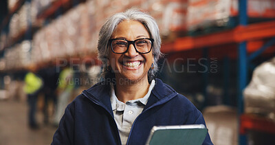 Buy stock photo Supply chain, tablet or happy woman in warehouse, portrait and shipping schedule. Mature person, connection or employee in factory, logistics or distribution with digital app for stock management